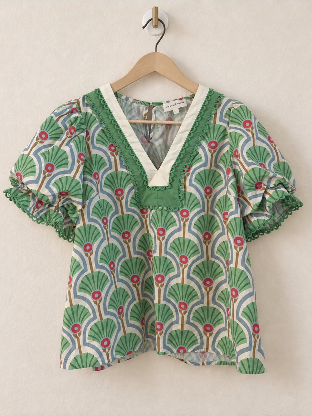 Entro Medium Art Deco Fan Print Puff Sleeve Cotton Blouse Green Blue